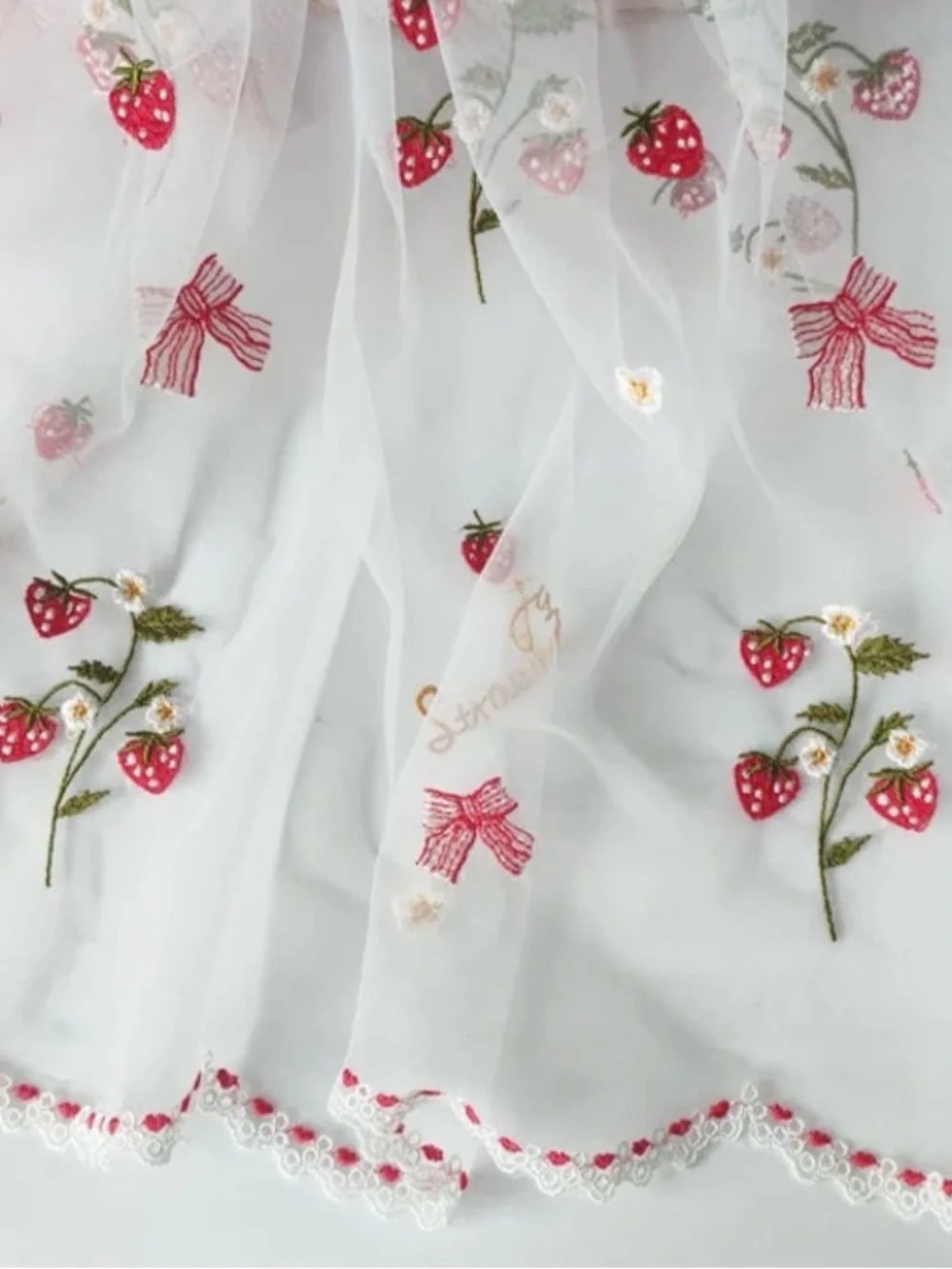 Sheer White Curtains with Embroidered Red Strawberries & Bows